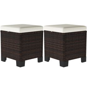 2 Piece Wicker Outdoor Ottomans with Cushions, Rattan Ottoman Footrest and Side Table for Patio, Yard, Poolside, Beige (Option: Beige-430x430x320 mm)