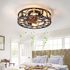 Caged Ceiling Fan with Lights Remote Control, Low Profile Flush Mount Farmhouse Modern Ceiling fans, 6 Speeds Reversible Blades (Color: Black, Material: Iron)