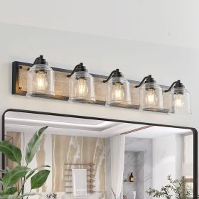 40" Farmhouse Vanity Light Fixture, 5-Light Bathroom Wall Sconce with Clear Seeded Glass Shades, Black and Wood Grain Finish (Color: as Pic)